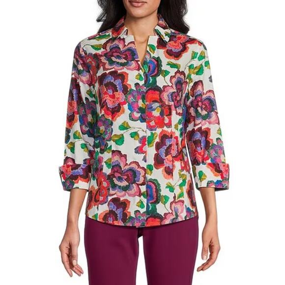 Investments Taylor Gold Label Non-Iron Brushed Floral Point 3/4 Sleeve Shirt - Picture 1 of 5